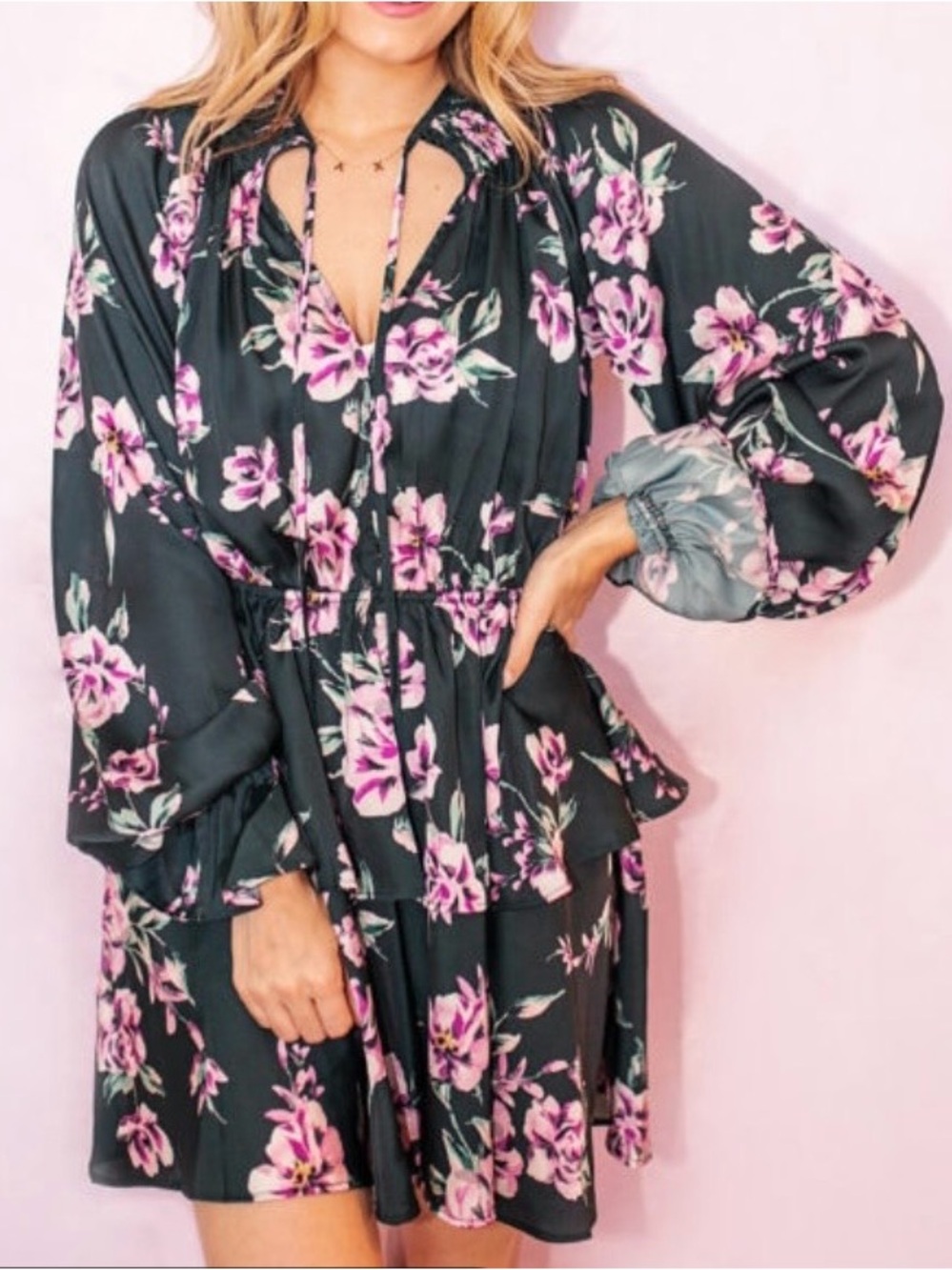 Tularosa Black Floral Long-Sleeve Mini Dress with Pink Flowers